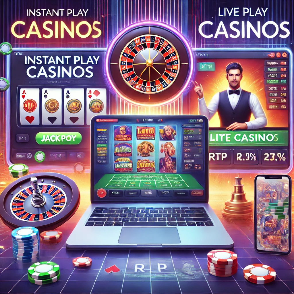 Online casino illüstrasyonu: Sol tarafta dizüstü bilgisayar ve akıllı telefonda anında oyun (Instant Play Casinos), sağ tarafta canlı casino (Live Casinos) bir krupiye, rulet çarkı ve kartlarla gösteriliyor. Arka planda casino fişleri, jackpot göstergesi ve RTP sembolleri bulunuyor.