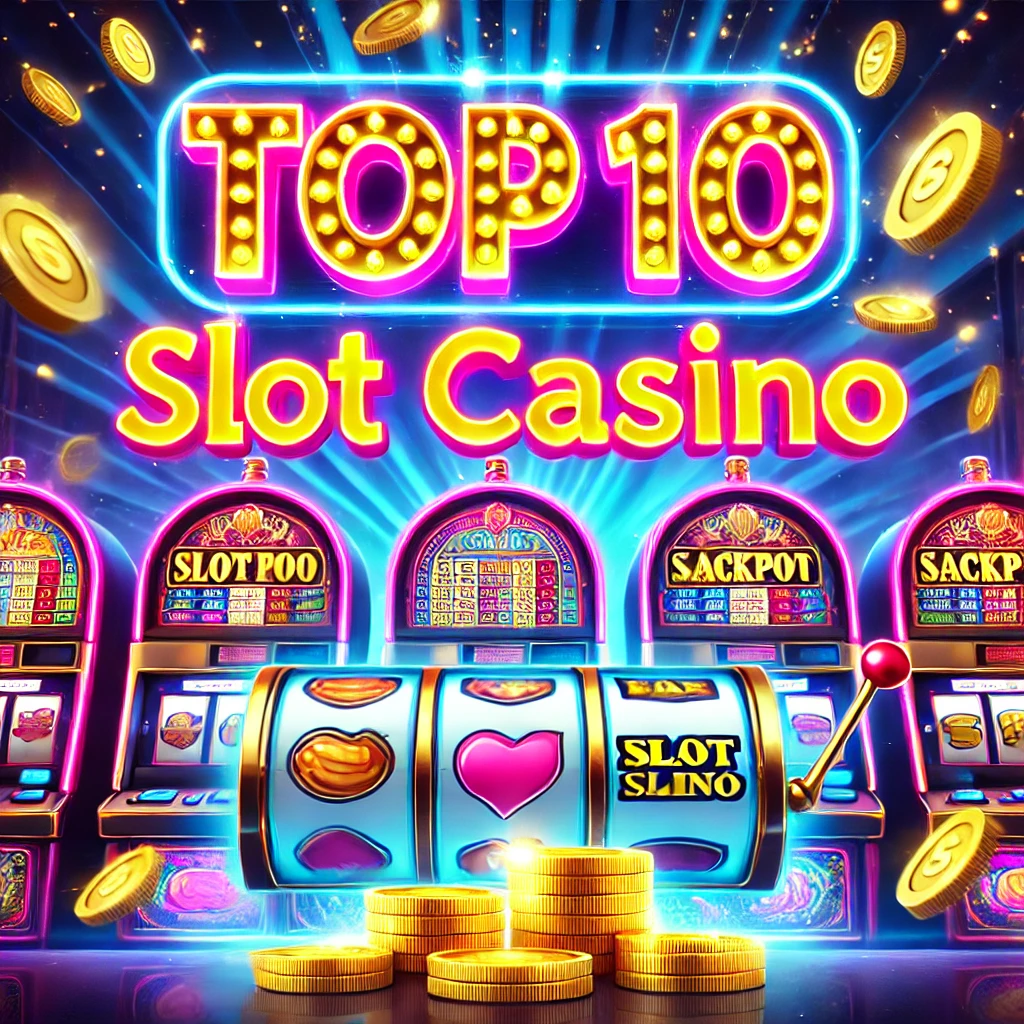 Top 10 Slot Casino neon tabelası ve renkli slot makineleri ile lüks bir casino atmosferi.