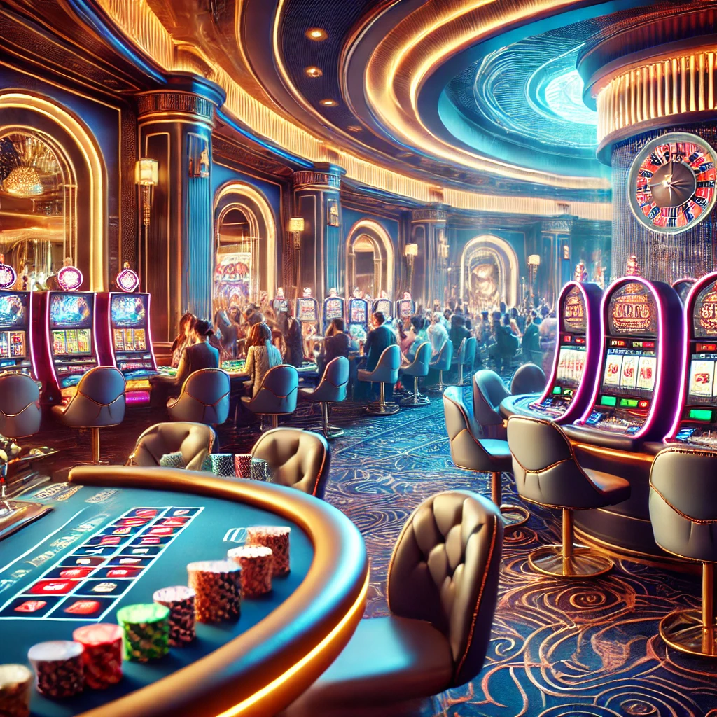 Modern casino iç mekanı, slot makineleri, rulet masası ve poker oyunu ile canlı atmosfer.