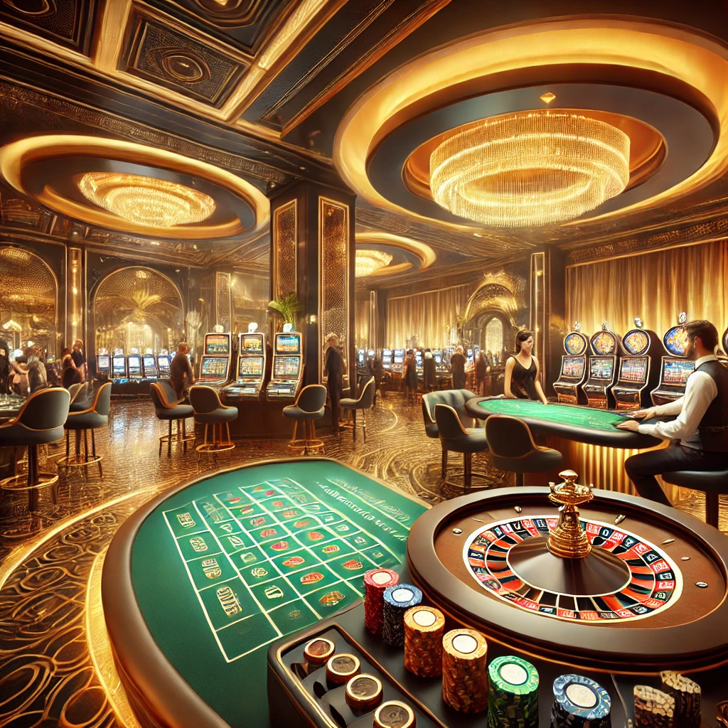 Lüks bir casino iç mekanı, rulet masası, slot makineleri ve blackjack masası ile canlı bir oyun atmosferi.