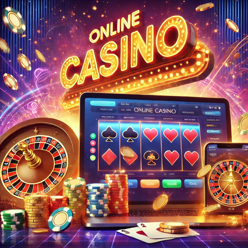 Renkli ve heyecan verici bir casino temalı görsel, dizüstü bilgisayar ve akıllı telefonda online casino arayüzü, neon casino tabelası, oyun kartları, fişler, rulet ve uçan altın paralar ile süslenmiştir.