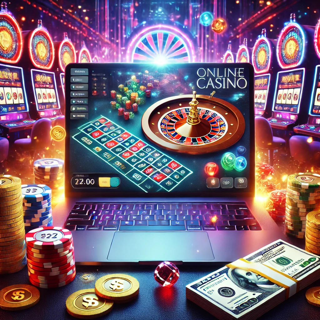 Online casino temalı bir görsel. Parlayan bir ekran üzerinde sanal rulet masası ve poker fişleri bulunan bir dizüstü bilgisayar. Altın paralar ve dolar banknotları etrafa saçılmış. Arka planda neon ışıklı bir casino atmosferi, slot makineleri ve parlak renkli ışıklar var.