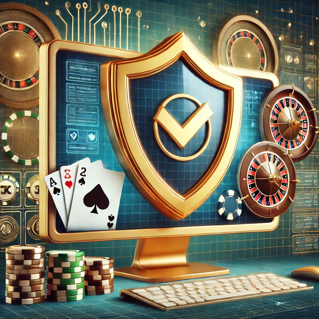 Online casino lisanslarını temsil eden bir görsel. Güvenliği ve güvenilirliği simgeleyen altın bir kalkan, poker fişleri, oyun kartları ve rulet çarkı içeren bir ekranın önünde duruyor.